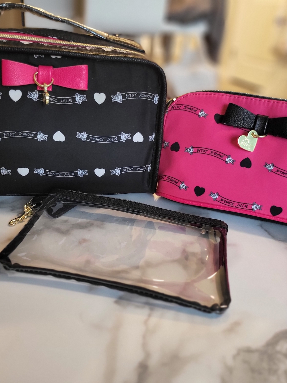 Betsey Johnson Black & Hot Pink Heart Print Cosmetic Pouch Trio